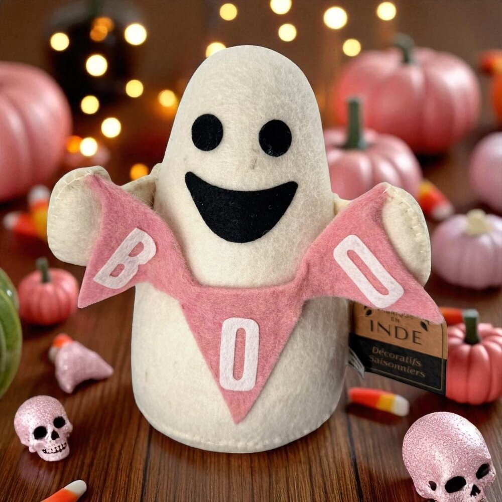 Halloween Felt Happy Ghost Pink BOO Banner 8" Weighted Greeter Sitter Decor NEW